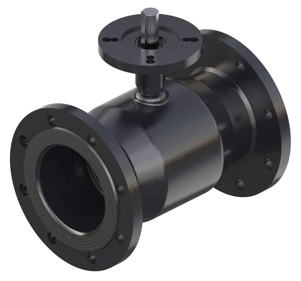 Kugelhahn von Danfoss mit Flanschen und einer zentralen Steuerung. Das Produkt hat eine runde Form mit einer glatten Oberfläche und ist für Rohrverbindungen vorgesehen.